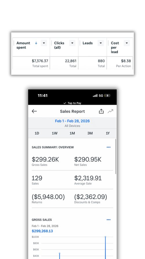 Meta Ads dashboard showing 880 leads at $8.38 CPL and $290K revenue